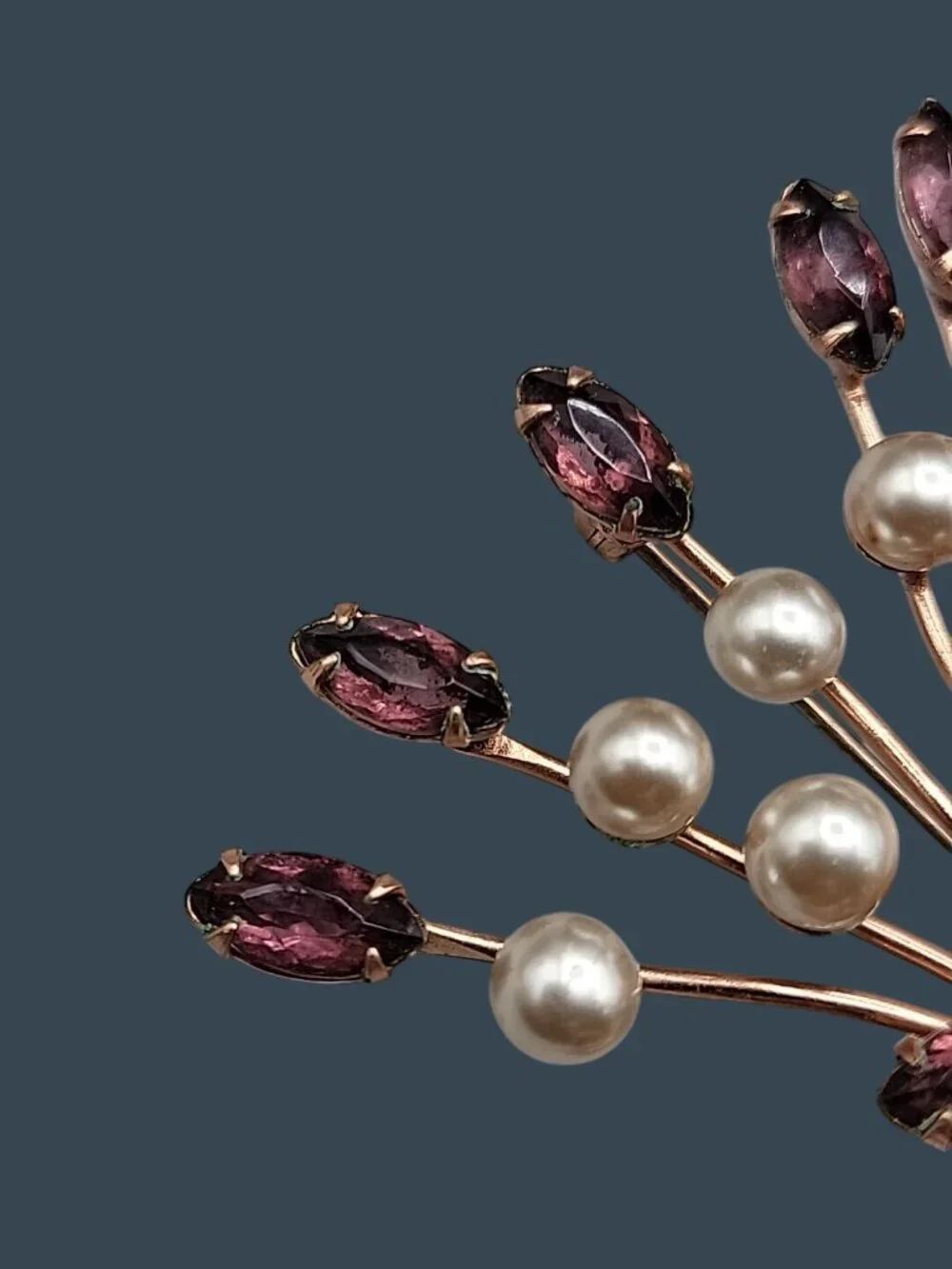 Vintage Large Amethyst Rhinestone Faux Pearl Rose Gold Plated Spray Brooch